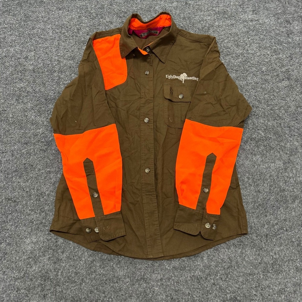 UglyDog Hunting Shirt Womens Size M Brown Orange Cotton Long Sleeve Patch